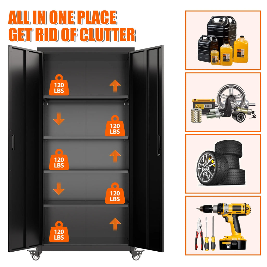SUPEER 71" Metal Storage Cabinets with Wheels and Pegboards, Industrial Cabinet with 2 Drawers and 2 Adjustable Shelves,, Assembly Required