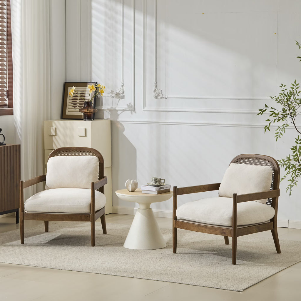 Christopher Knight Home [Set of 2] Mid-Century Modern Accent Chairs with Light Brown Solid Wood Frame, Rattan Backrest with Cushion �C Comfortable Armchairs Light Brown