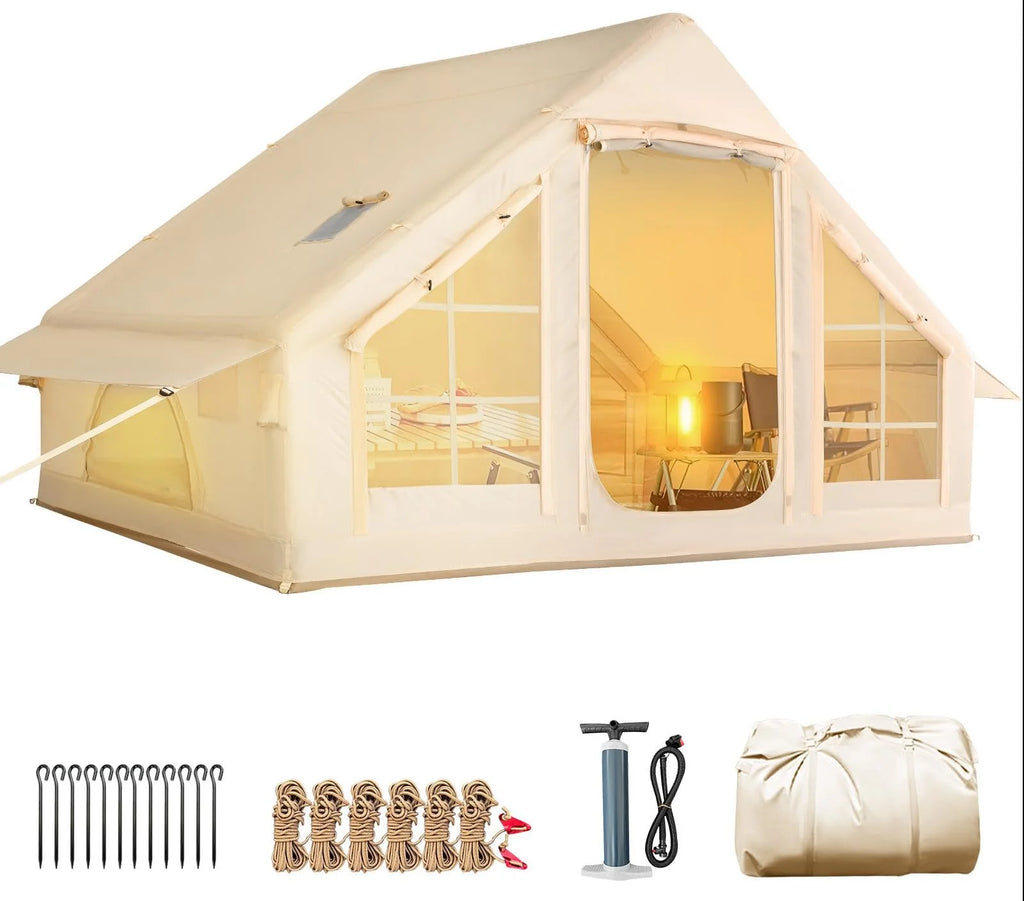 Yoleny 12'x8' Inflatable Tent, 96 SFT Blow Up Tent for Camping, 4 Season Oxford Glamping Tents with Clear Skylight, Pump & Stove Jack