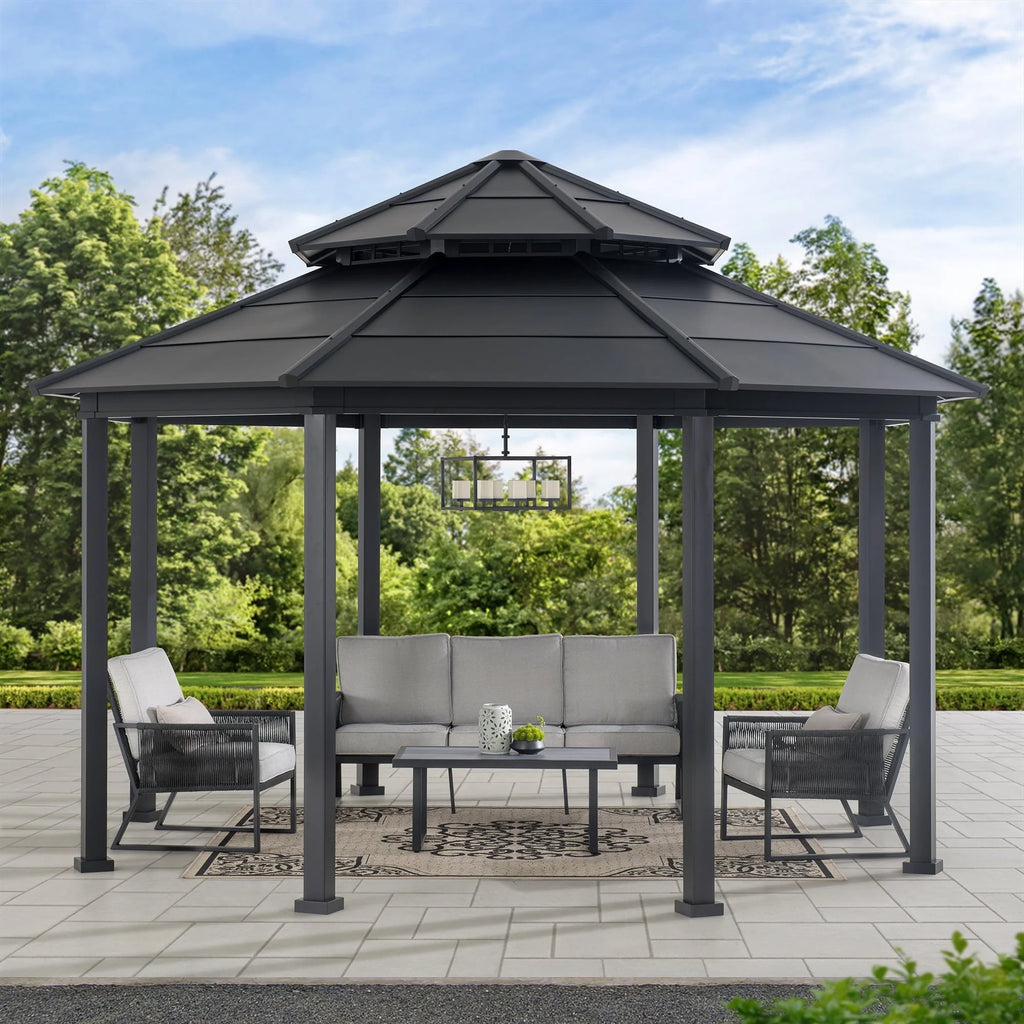 Sunjoy 15 x 15 ft. Outdoor Hardtop Gazebo, Octagon Double Tiered Metal Gazebo with Dual Rails and Ceiling Hook for Patio, Garden, Backyard Shade