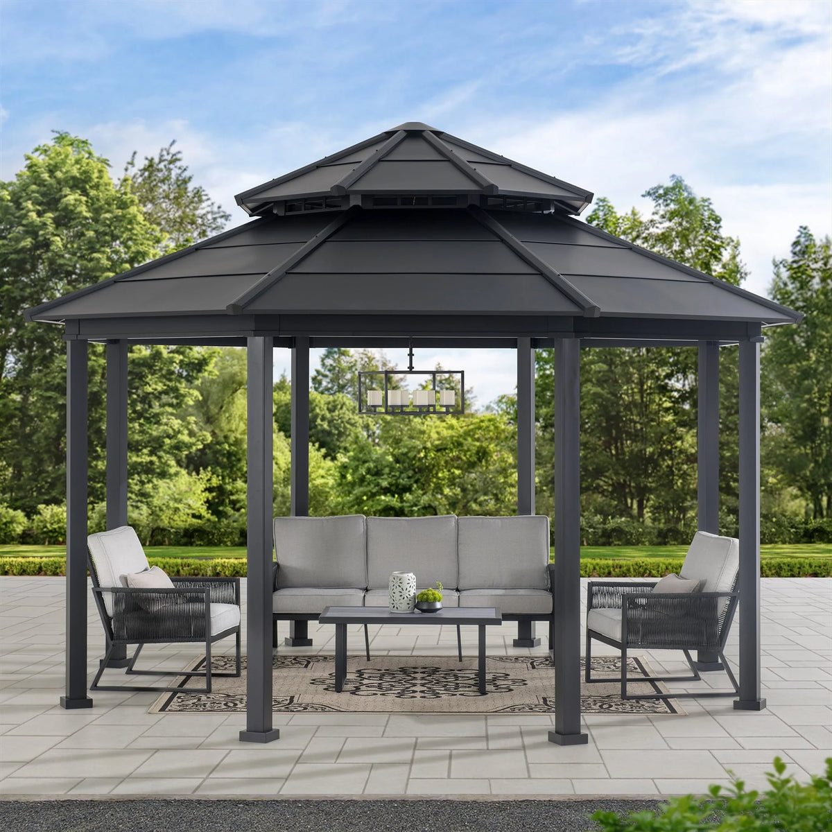 Sunjoy 15 x 15 ft. Outdoor Hardtop Gazebo, Octagon Double Tiered Metal Gazebo with Dual Rails and Ceiling Hook for Patio, Garden, Backyard Shade