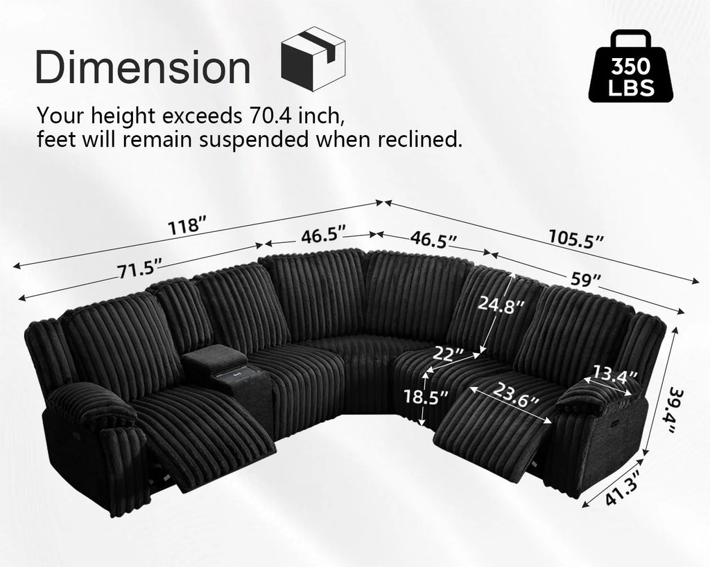 Power Reclining Sectional Sofa with Wireless Charger,6-Seater Faux Fur Sectional with Recliners,Hidden Cup Holders,Storage Console,USB & Type-C Ports,Black