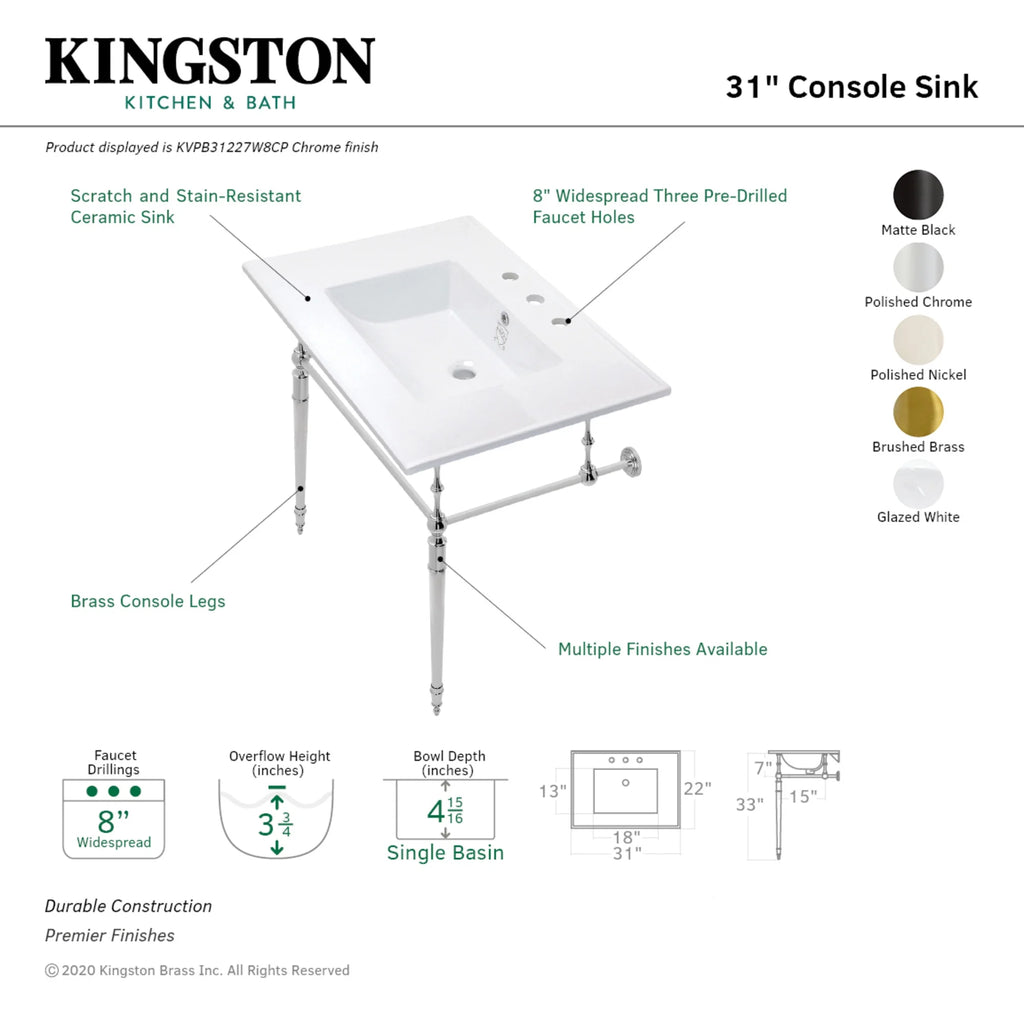 Kingston Brass KVPB31227W8PN Edwardian 31" Ceramic Console Sink with Brass Legs (8-Inch, 3-Hole), White/Polished Nickel