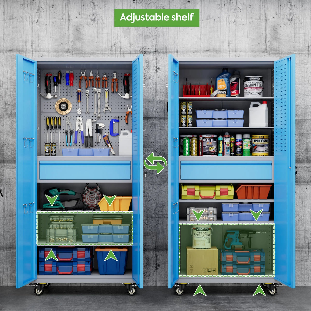 SUPEER 71" Metal Storage Cabinets with Wheels and Pegboards, Industrial Cabinet with 2 Drawers and 2 Adjustable Shelves,, Assembly Required