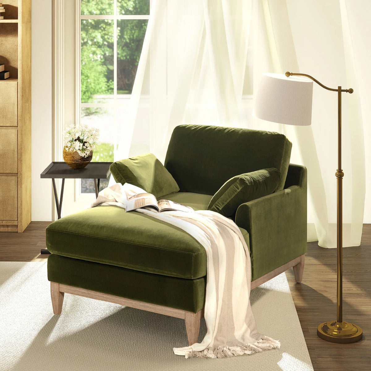 Velvet Sofa Couch, Mid Century Modern 75.5 inch 3-Seater Sofa with Back Cushions and 2 Bolster Pillows, for Small Space,Bedroom, Apartment, Olive Green