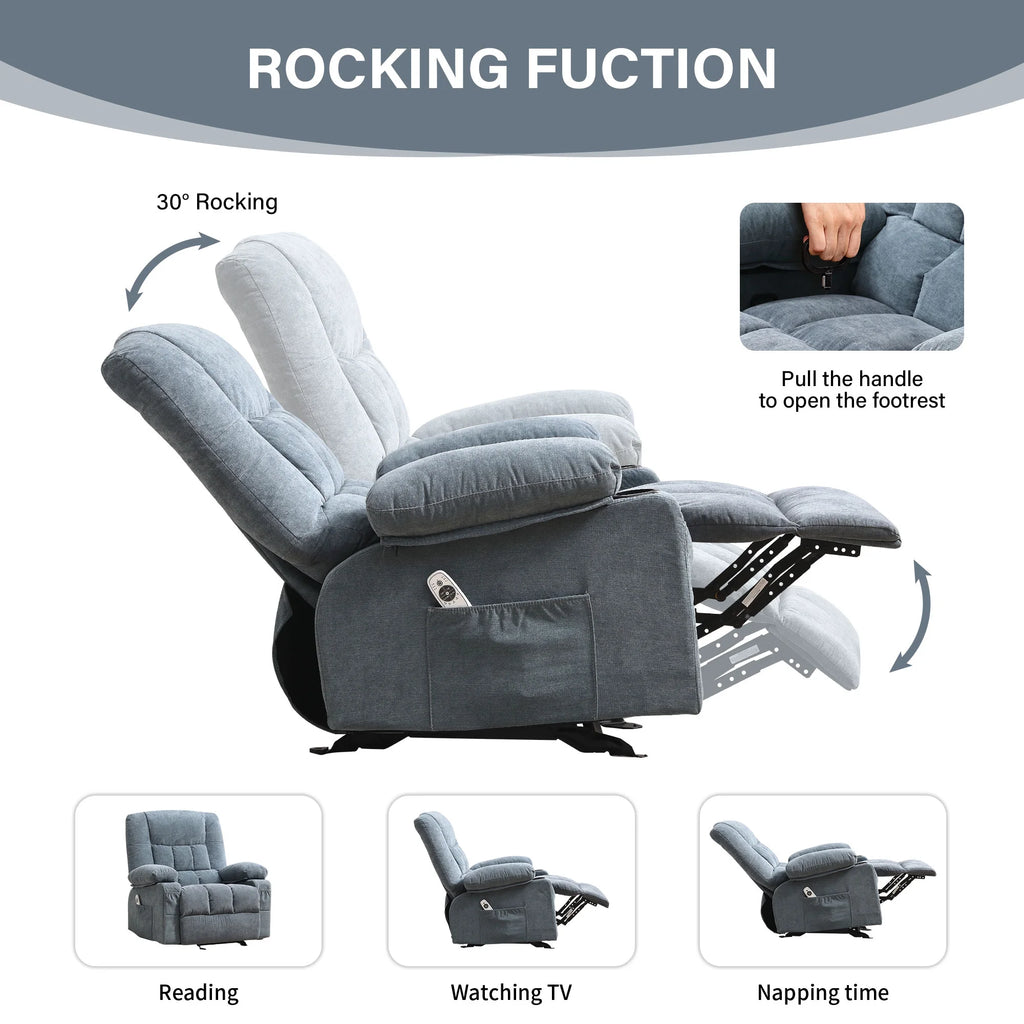 JONPONY Manual Recliner Chair with Heat Therapy and Massage Function, Heavy Duty Reclining Mechanism Massage Chair, Elderly Single Rocker Sofa with Cup Holders for Bedroom Home Theater,Blue