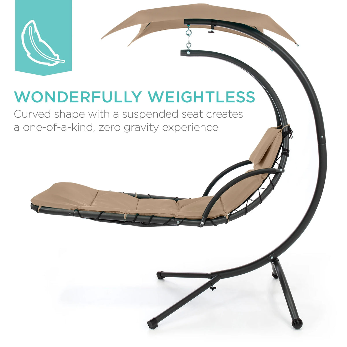 Best Choice Products Hanging Curved Chaise Lounge Chair Swing for Backyard, Patio w/ Pillow, Shade, Stand - Teal