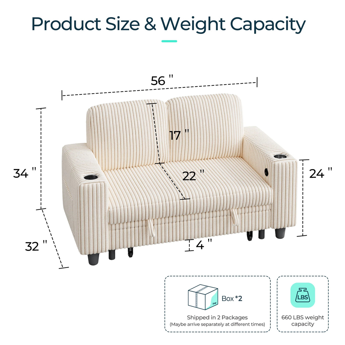 Linsy Home Plush Corduroy Pull Out Couch Chaise Lounge, Convertible Loveseat Sofa Couch With Usb & Cup Holder, Green