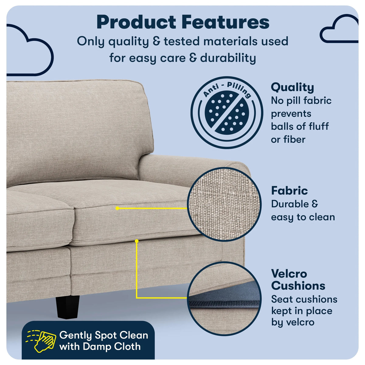 Serta Copenhagen 73" Rolled Arm Sofa with Removable Covers Light Gray