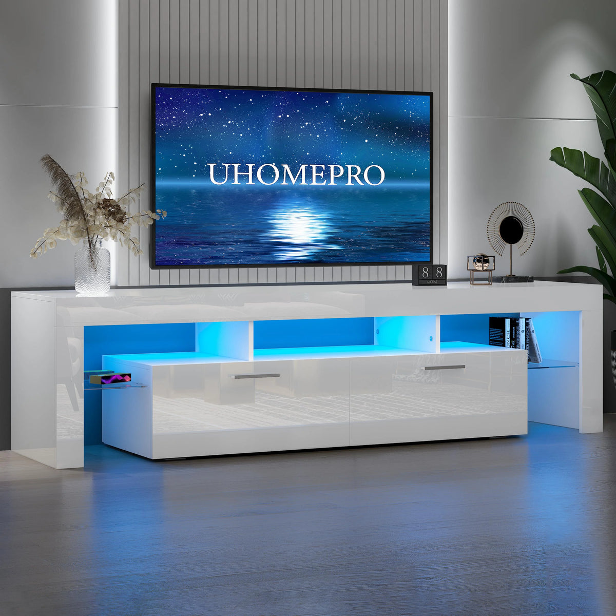 UHOMEPRO TV Stand for TV up to 70", Living Room Entertainment Center with RGB LED Lights and Storage Shelves Furniture, White High Gloss TV Cabinet Console Table