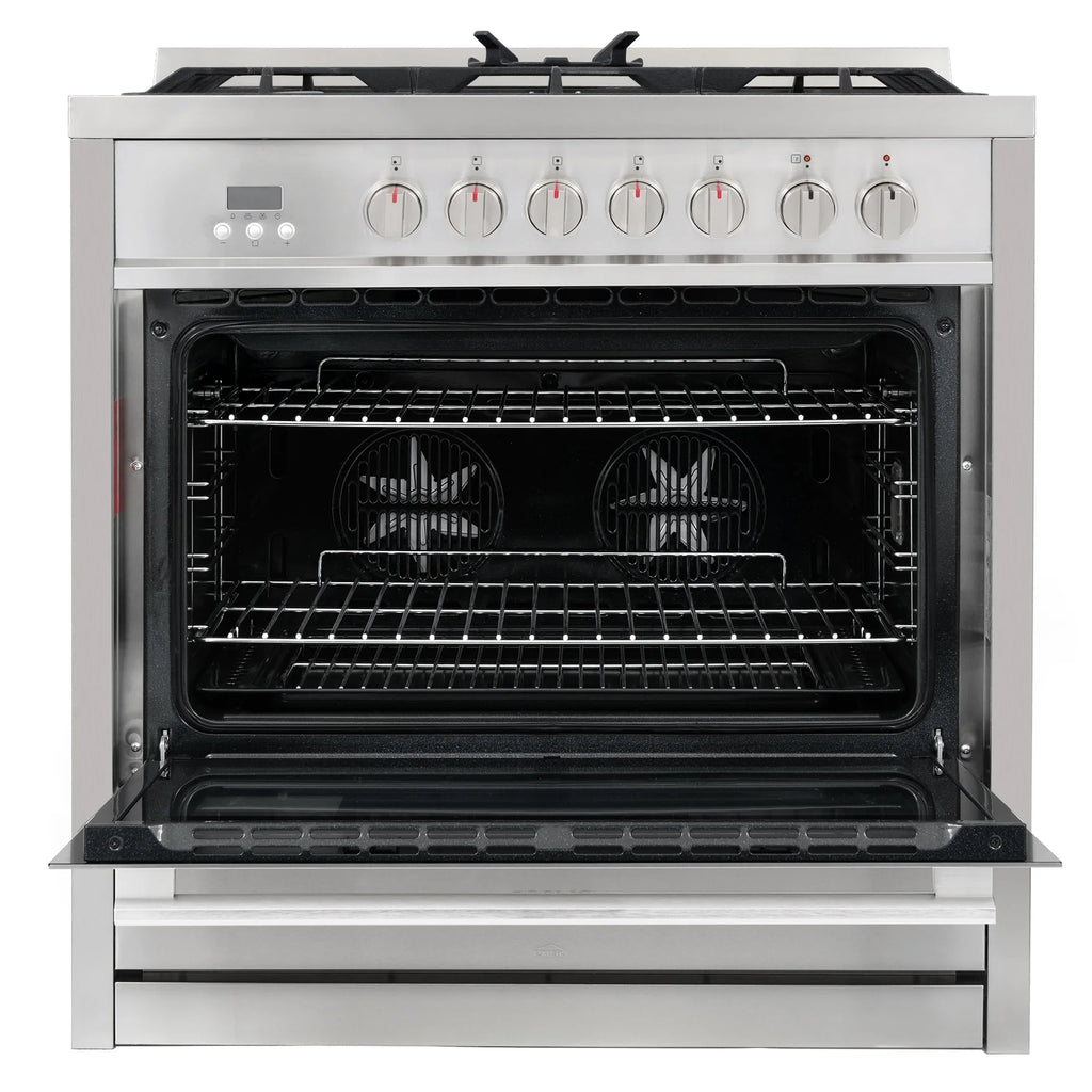 Cosmo 4 Piece Kitchen Appliance Packages with 36" Freestanding 220/240V Dual Fuel Range 36" Island Range Hood 24" Built-in Integrated Dishwasher & French Door Refrigerator Kitchen Appliance Bundles