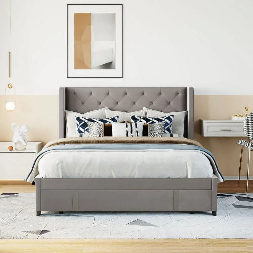 Queen Bed Frame with Storage Drawer, Velvet Upholstered Storage Bed, Wood Platform Bed Frame with Wingback Headboard and a Big Drawer(Beige)