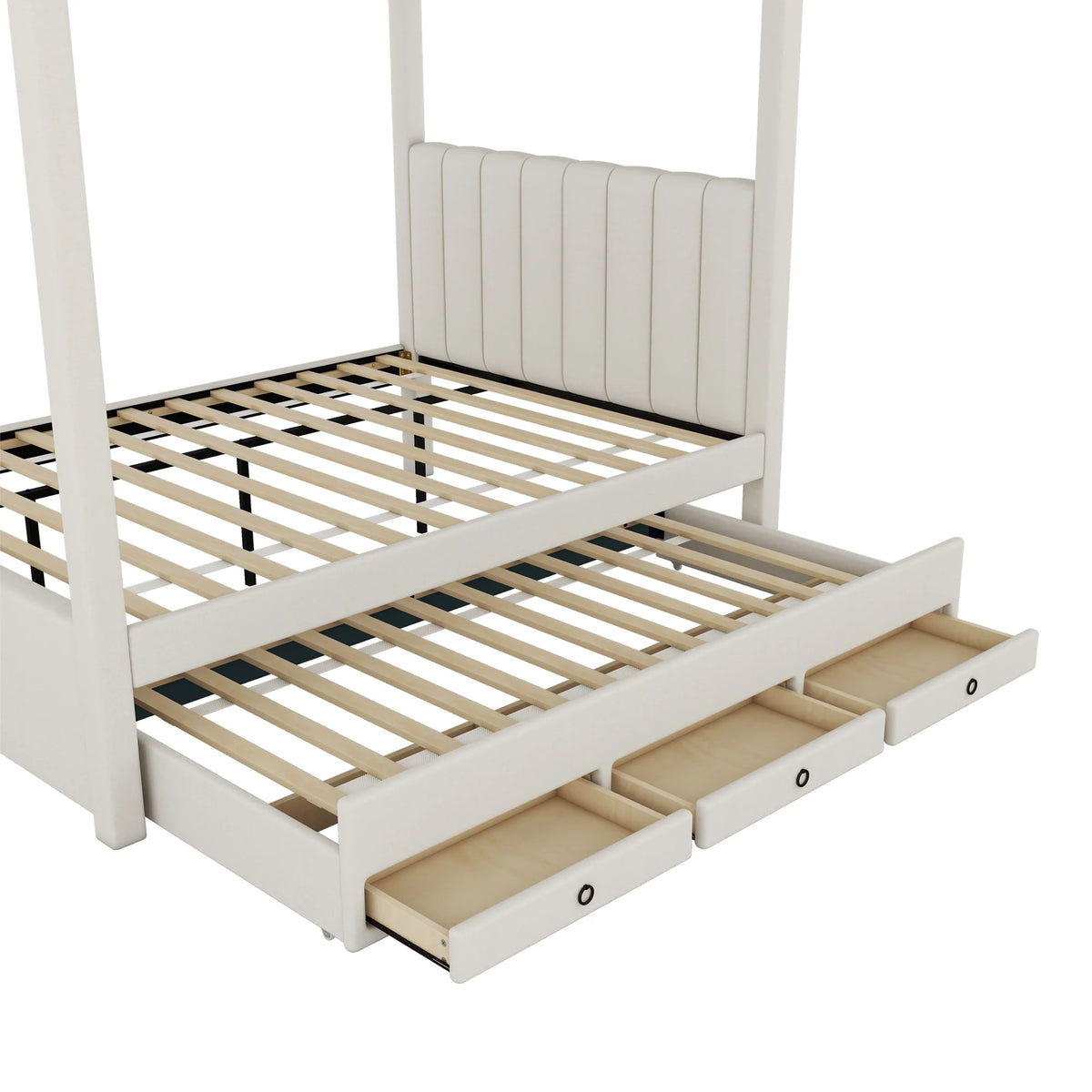 EUROCO Upholstered Full Size Canopy Bed Frame with Trundle Bed and 3 Drawers, Platform Bed with Headboard for Kids Teens Adults, Beige