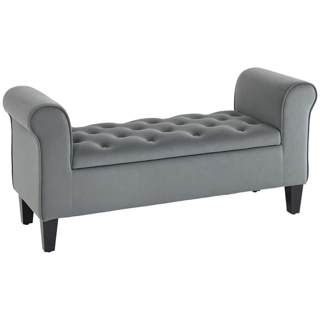 HOMCOM Button-Tufted Storage Ottoman Bench, Upholstered Bench with Rolled Armrests for Living Room or Hallway, Blue