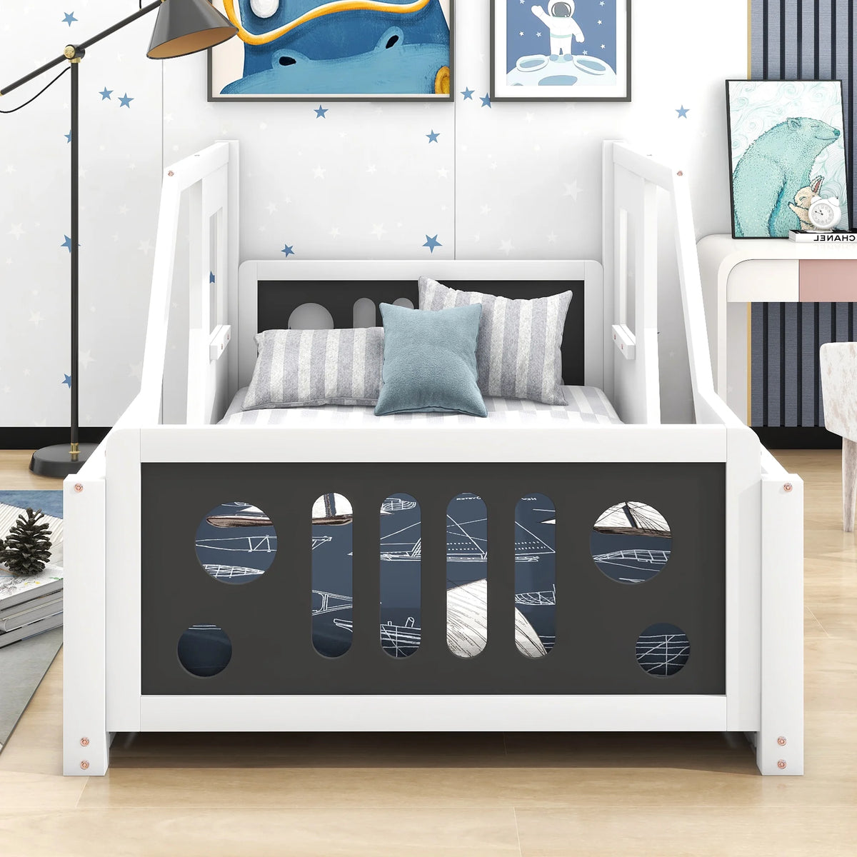 Euroco Car-Shaped Full Size Wood Platform Bed for Kids�� Bedroom, Solid Car Bed for Kids Gift, Low Profile, Blue