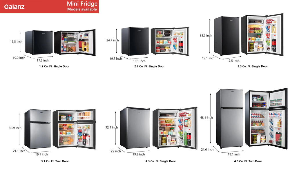 Galanz 4.6. Cu ft Two Door Mini Refrigerator with Freezer, Stainless Steel, New, Width 19.13"