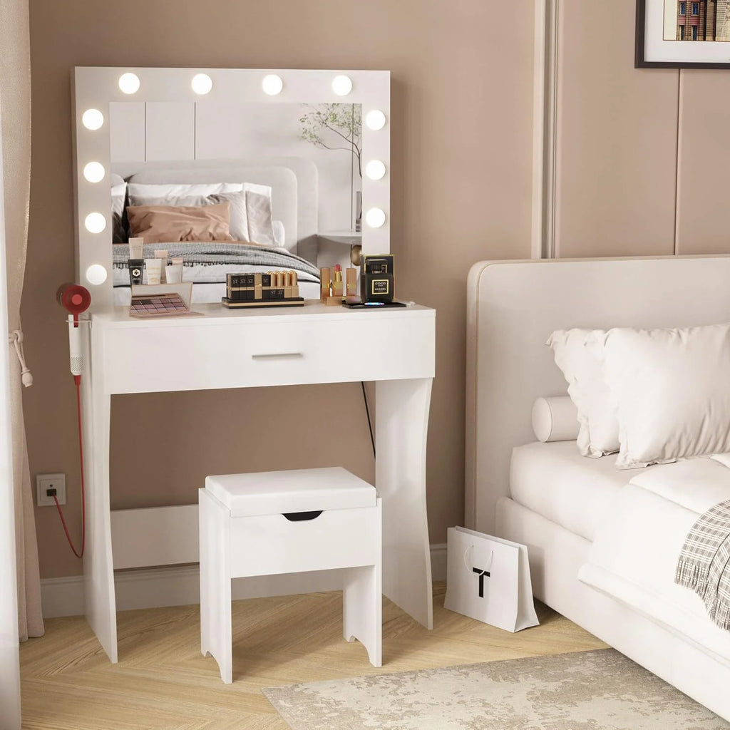 Vanity Table Set with Lighted Mirror,Makeup Vanity with Lights, Large Drawer Sturdy Wood Vanity, White