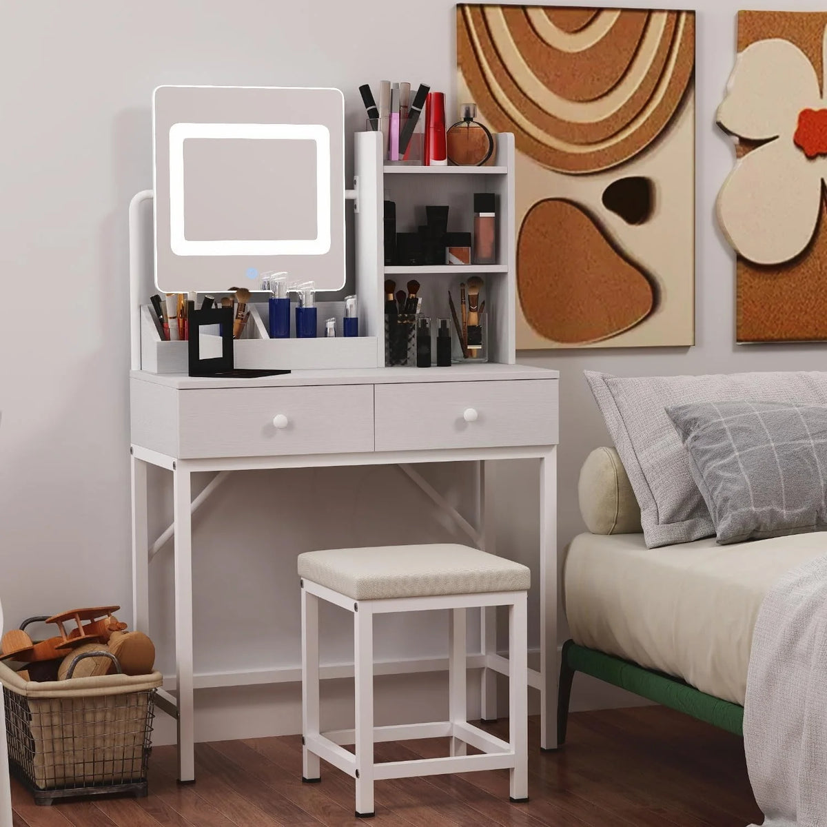 Makeup Vanity Desk with Mirror and Lights, 43.5�� Vanity Table with 5 Drawers & Storage Shelves, White
