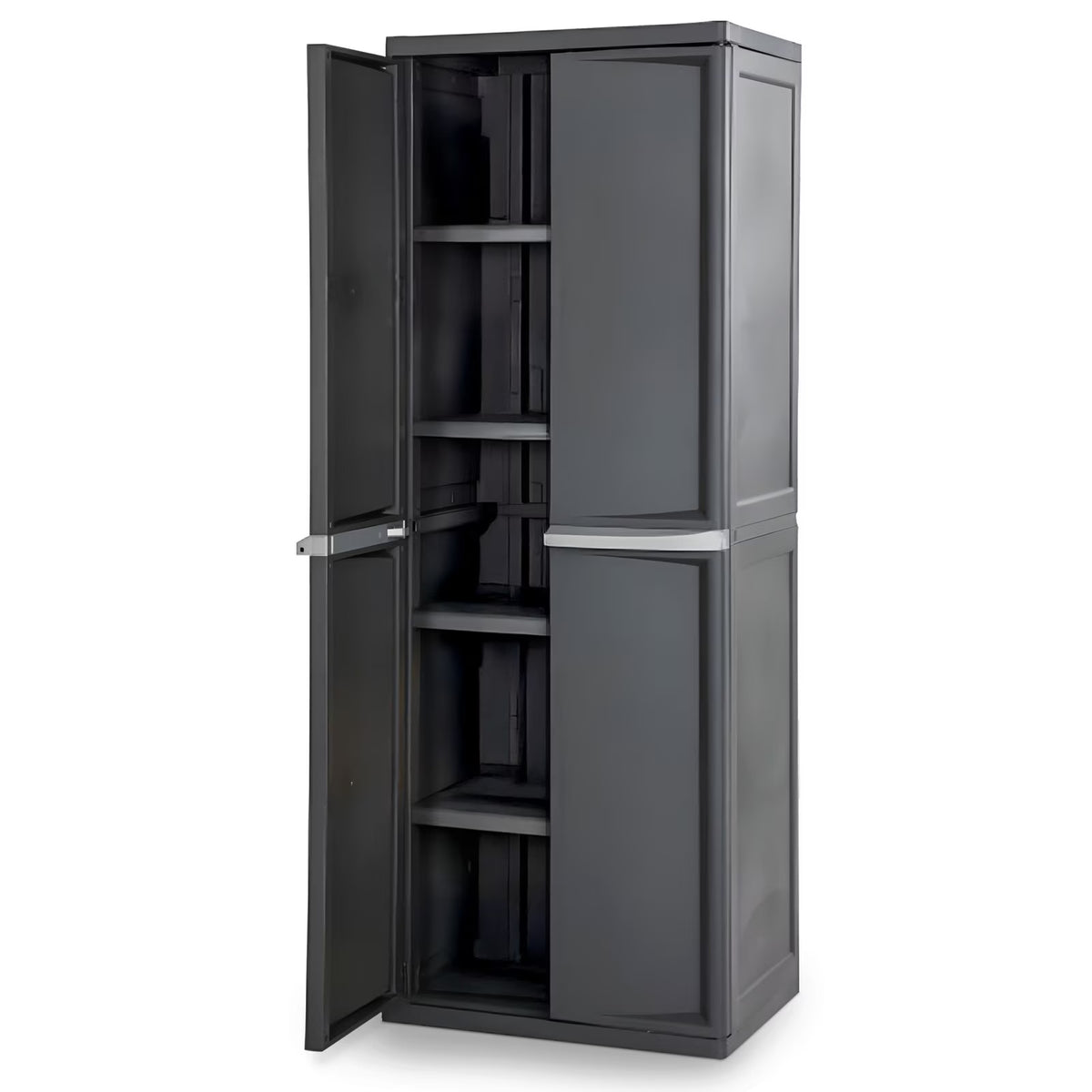 Wangbujianwang 4 Shelf Cabinet, Lockable Utility Storage w/ Adjustable Shelves, Gray - Plastic Shelving Unit for Organizing Garage, Pantry, Basement, Laundry Room or Mudroom