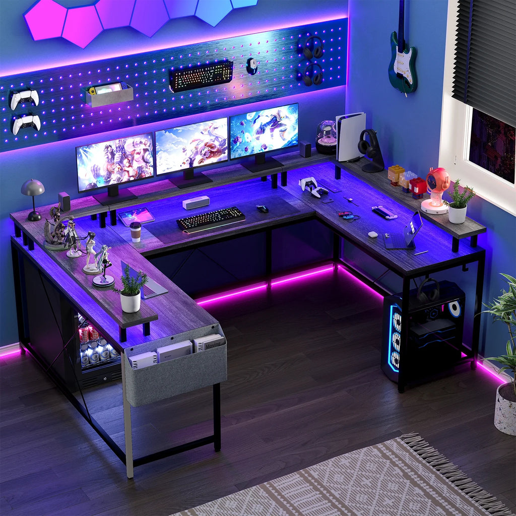Yesfashion U Shaped Computer Gaming Desk, Reversible L Shaped Desk with Power Outlets, LED Strip & Monitor Stand, Large Corner Desk with Storage Shelves