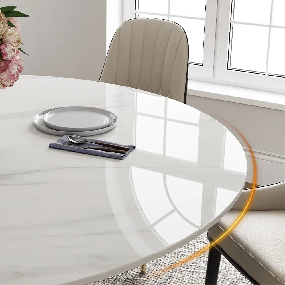 POVISON 7PCS Modern Dining Table Sets (59"Table + 6 Chairs), Round Glossy Sintered Stone Dining Table with Dining Chairs