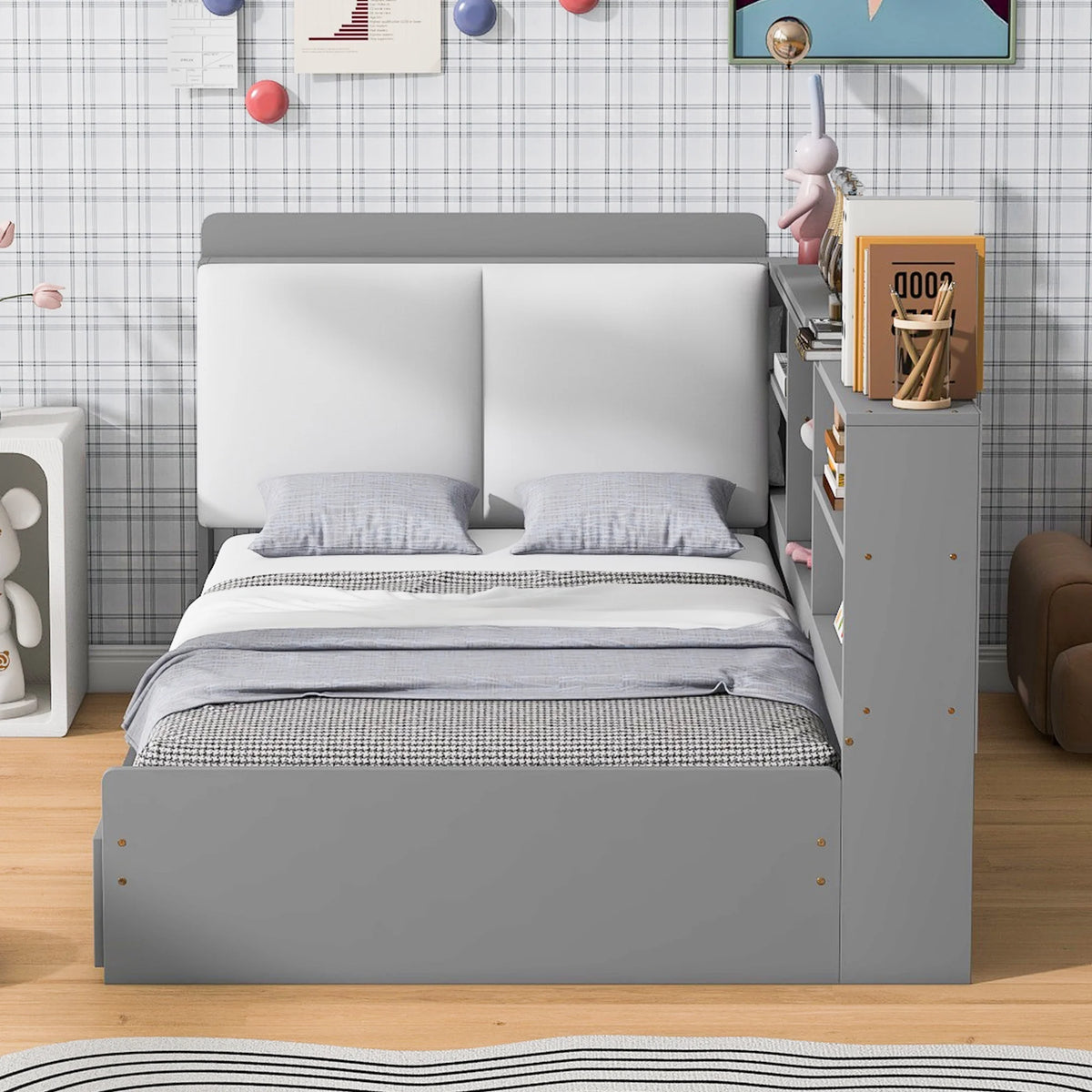 Euroco Wood Twin Size Platform Bed with Storage Headboard and Shelves, 2 Drawers Floor Bed for Kids, White