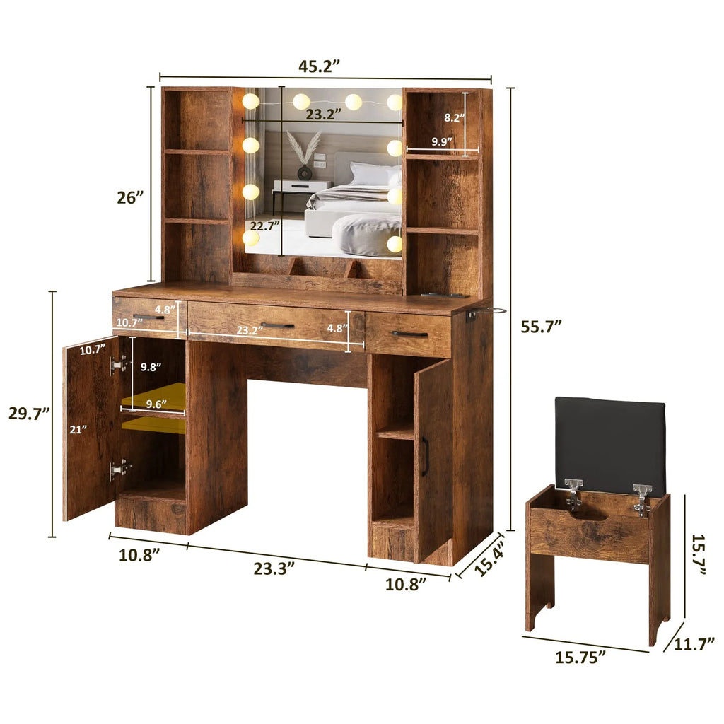 VEANERWOOD Large Makeup Vanity Set with Light Modern Makeup Vanity Table with Storage and Adjustable Lighting Colors for Bedroom 45.2in, White