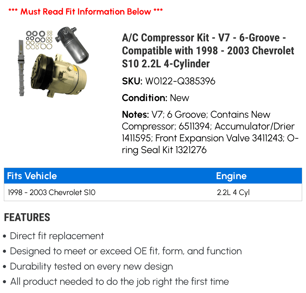 A/C Compressor Kit - V7 - 6-Groove - Compatible with 1998 - 2003 Chevy S10 2.2L 4-Cylinder 1999 2000 2001 2002