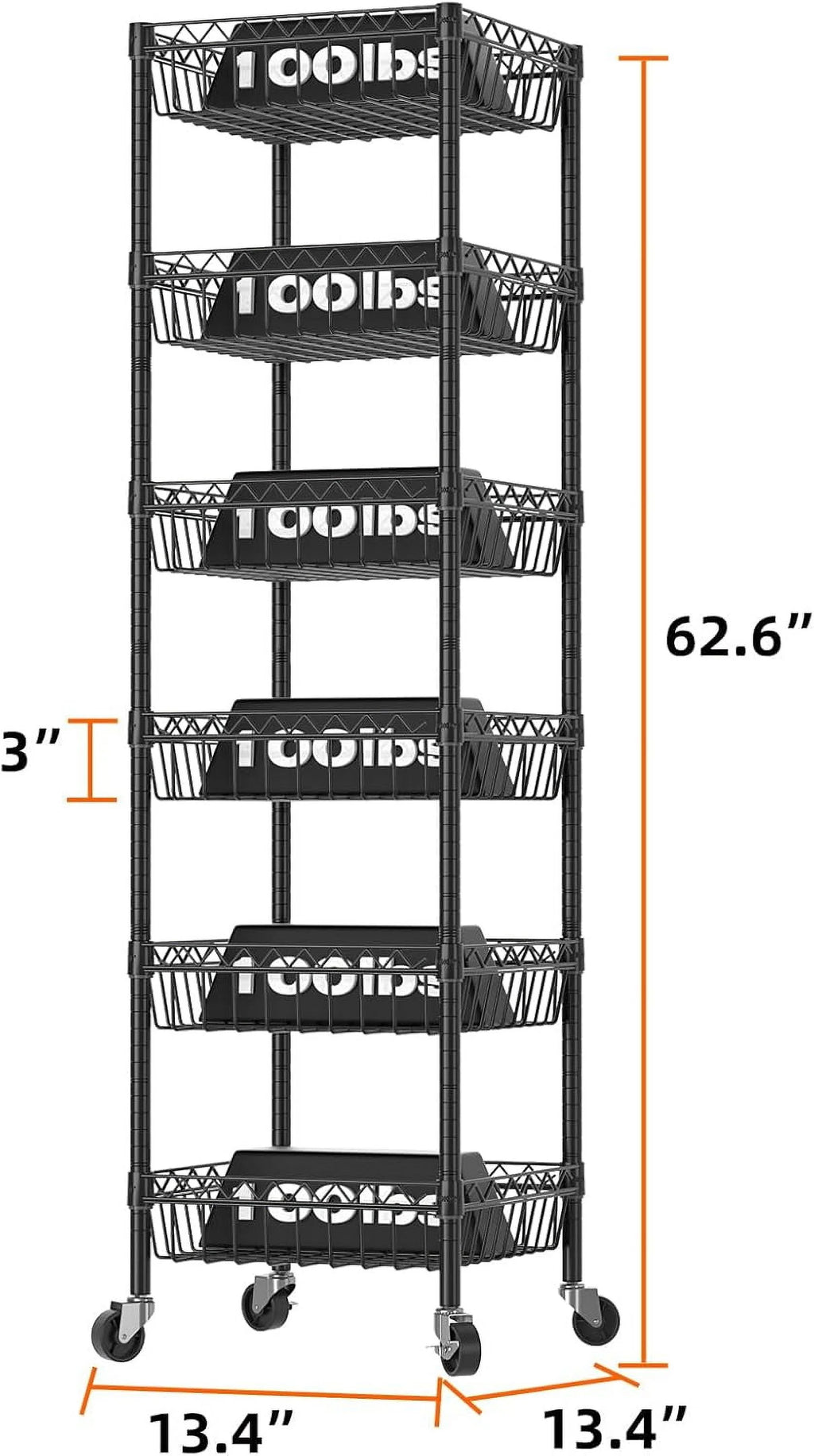 6 Tier Wire Shelving Unit with Wheels Baskets Storage Rack Corner Shelves Adjustable Shelf Closet Bathroom Organizers Metal Pantry Kitchen Garage Laundry Room 13.5" D x 13.5" W x 63" H White