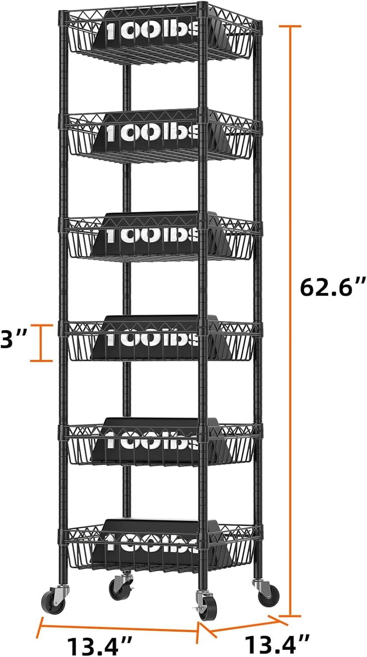6 Tier Wire Shelving Unit with Wheels Baskets Storage Rack Corner Shelves Adjustable Shelf Closet Bathroom Organizers Metal Pantry Kitchen Garage Laundry Room 13.5" D x 13.5" W x 63" H White