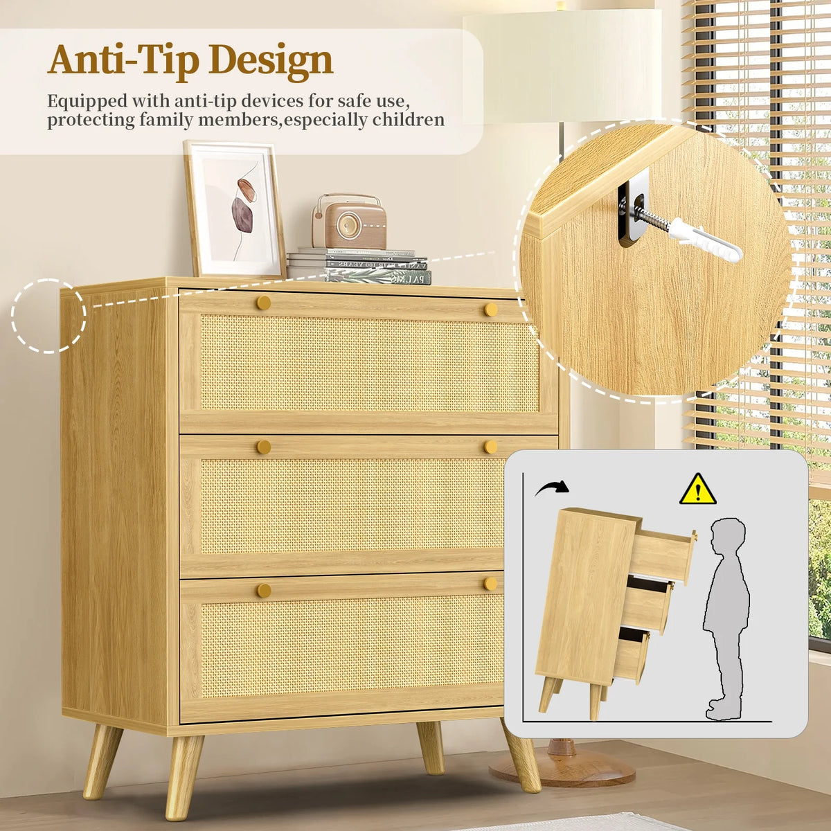 Capri 3 Drawer Dresser, Rattan Storage Wide Chest of Drawers, Night Stand Storage Cabinet for Women, Kids, Baby, Nursery, Girls, Bedroom Living Room Furniture, Natural