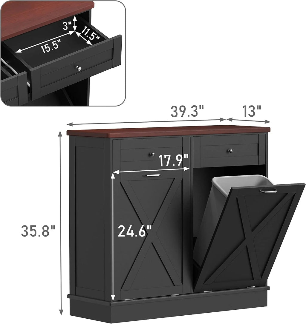 Tolead Double Tilt Out Trash Cabinet, Wooden Free Standing Laundry Sorter Cabinet, with Hideaway Drawer, White