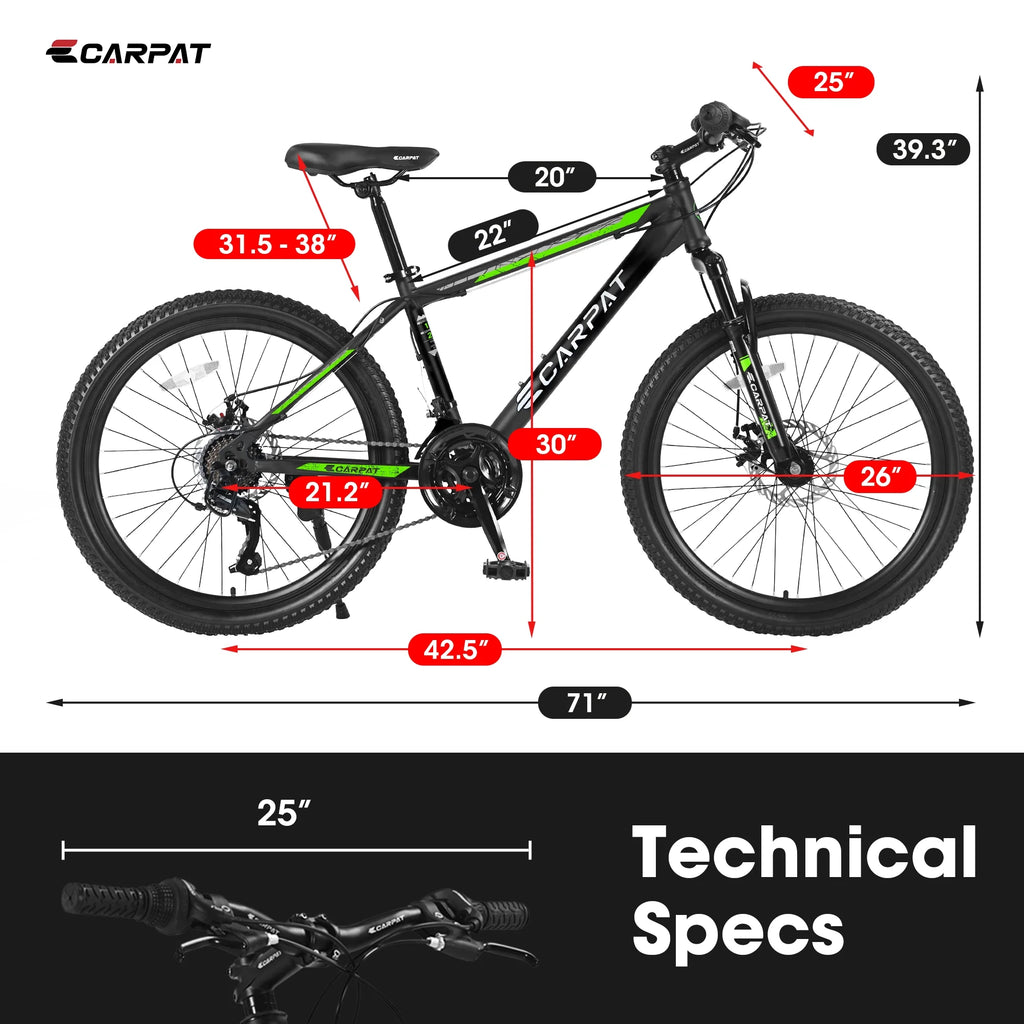 26" Mountain Bike for Adults & Teens - Shimano 21-Speed, Mechanical Disc Brakes & High-Carbon Steel Frame | Durable MTB for Trail, Forest, and City Riding