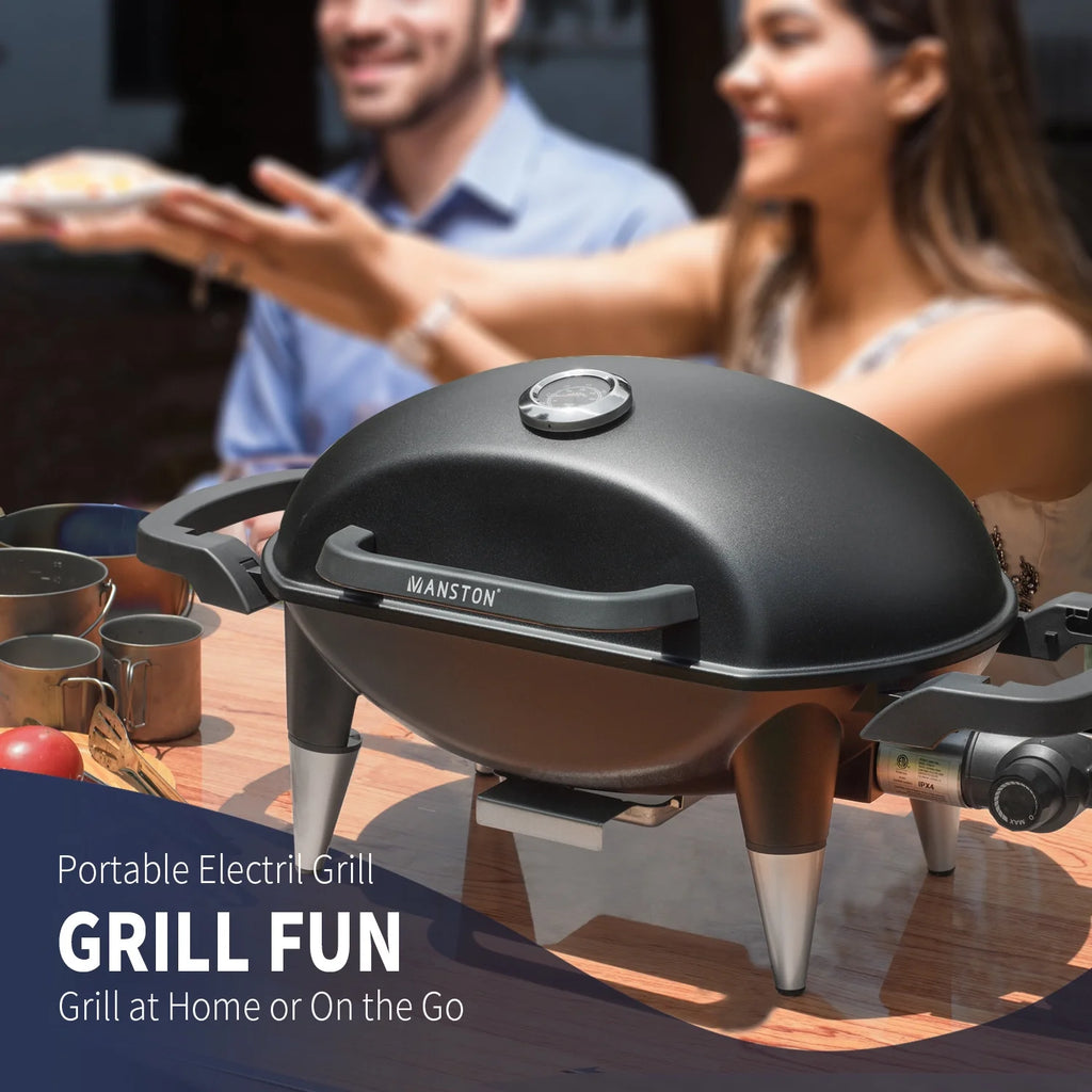 VANSTON Indoor/Outdoor Electric Grill, 1500W Electric Barbecue Grill & Smoker, Black with Built-In Thermometer