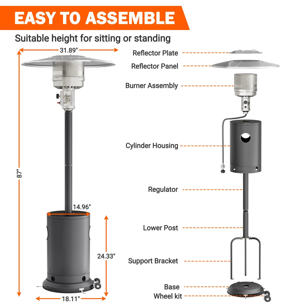 Patio Heater for Outdoor Use, 50,000BTU Propane Heater with Wheels and Adjustable Thermostat, Heavy Duty Stainless Steel Patio Heater, Freestanding Heater for Backyard, Deck, Garden, Silver