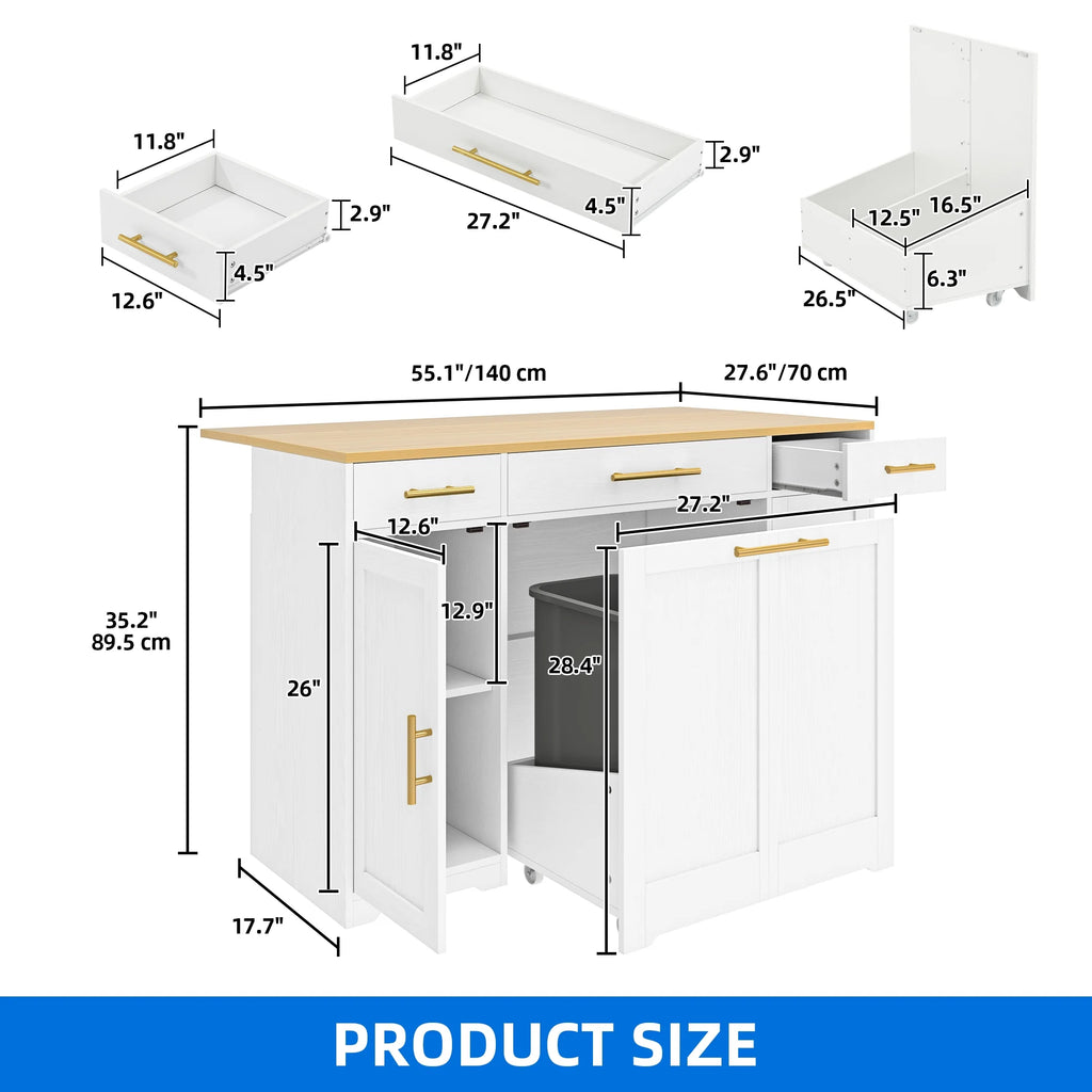 DEXTRUS Kitchen Island Table with Drawers & Doors, Storage Cart with Cabinet for Double 10-gal Trash Bin, White