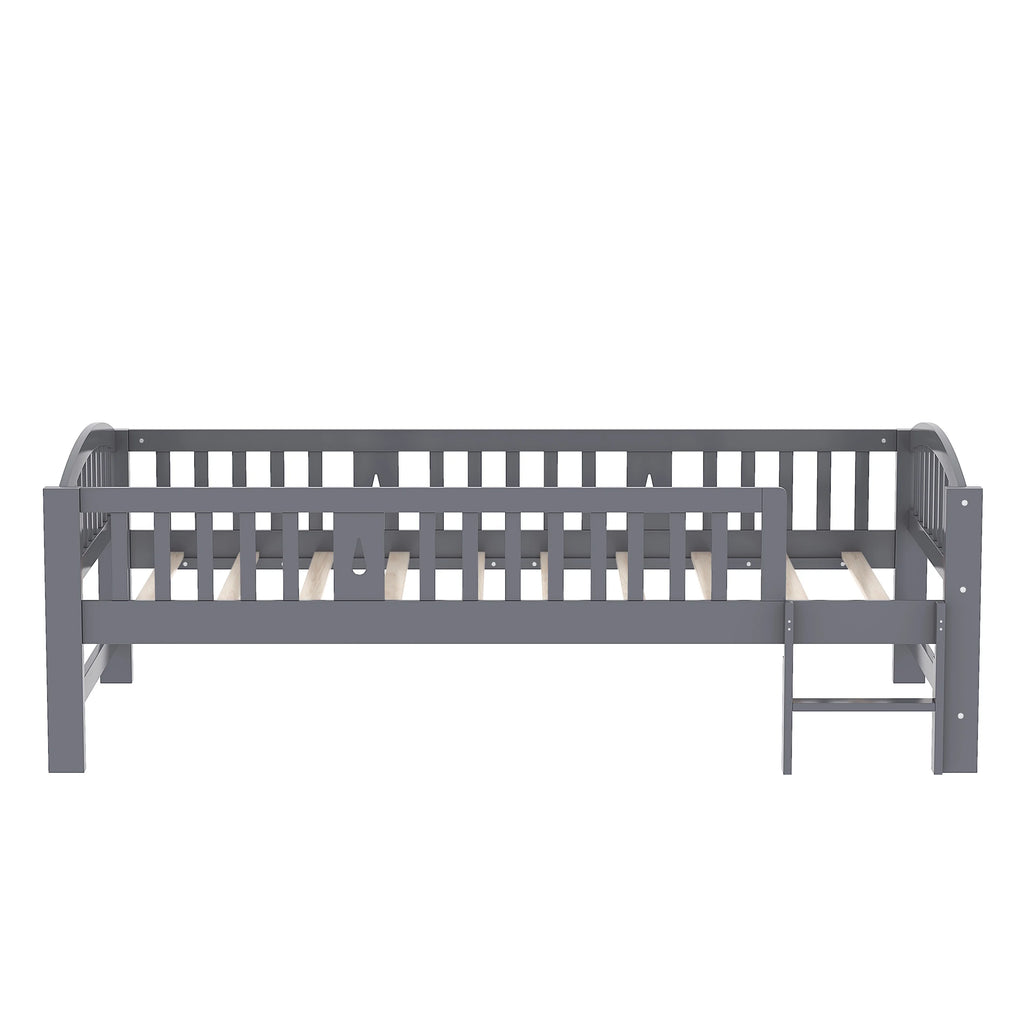 SESSLIFE Twin Size Platform Bed, Solid Wood Twin Bed Frame with Slats, Fence Guardrail Ladder, Twin Floor Bed with Strong Legs for Boys Girls, No Box Spring Needed, Holds 400 lbs, White