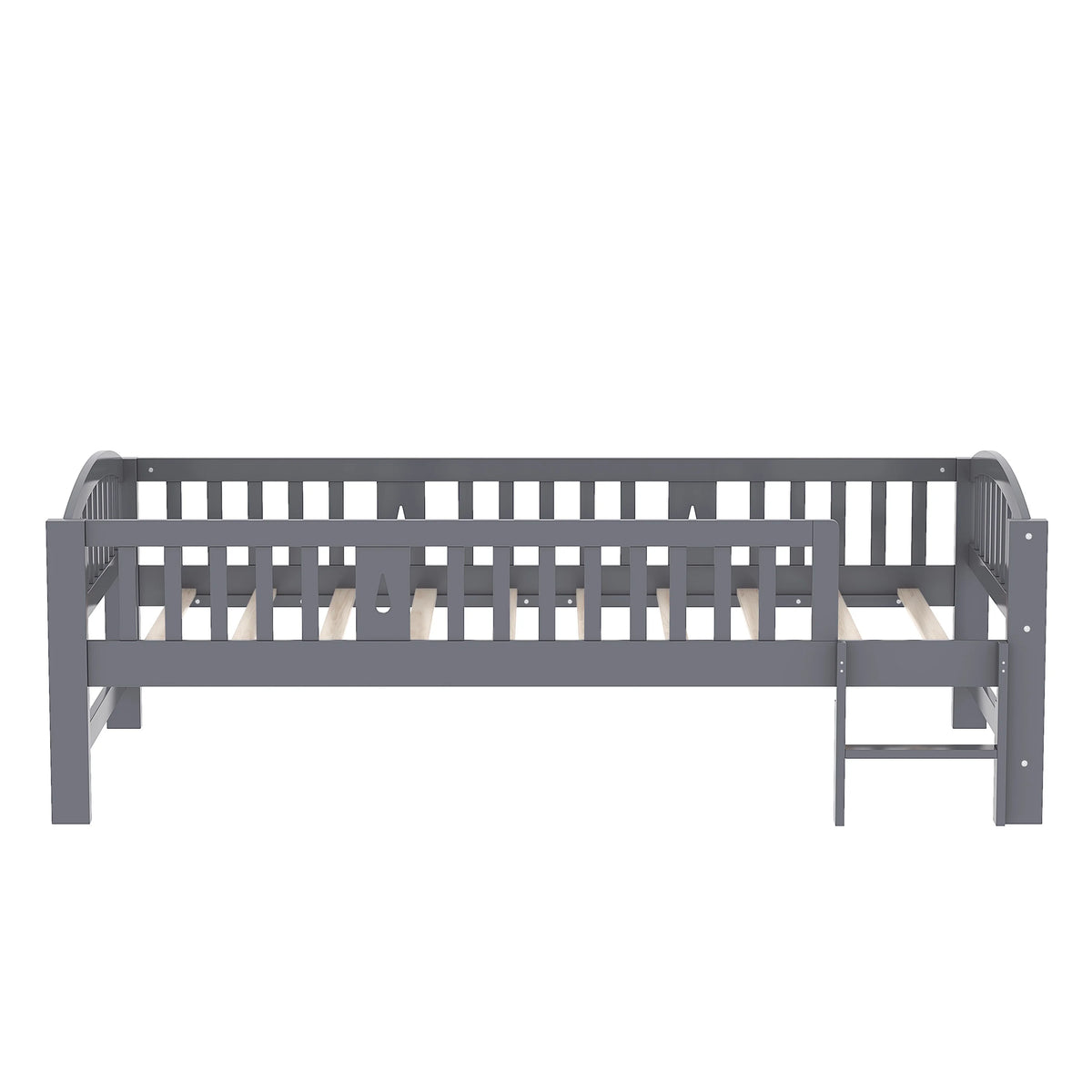 SESSLIFE Twin Size Platform Bed, Solid Wood Twin Bed Frame with Slats, Fence Guardrail Ladder, Twin Floor Bed with Strong Legs for Boys Girls, No Box Spring Needed, Holds 400 lbs, White