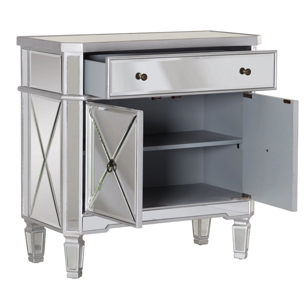Powell Deville 2-Door Single Drawer Indoor Console Table with Shelves, Mirrored Surfaces and Luxe Silver Wood