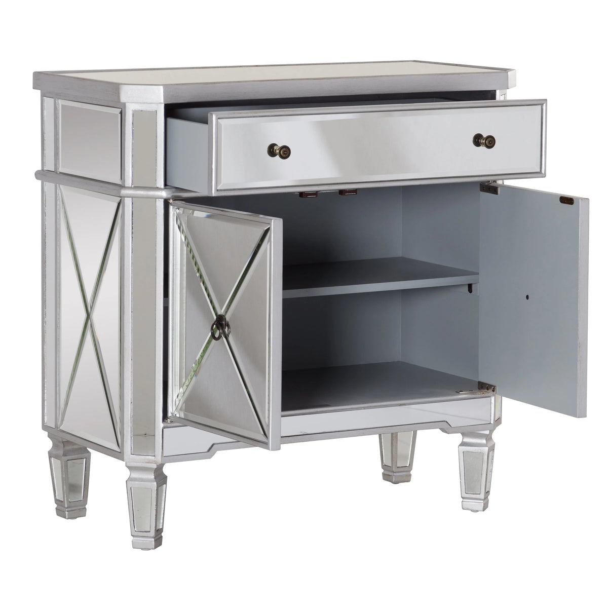 Powell Deville 2-Door Single Drawer Indoor Console Table with Shelves, Mirrored Surfaces and Luxe Silver Wood
