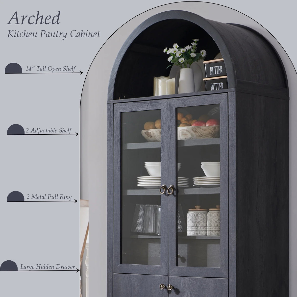 SinCiDo Arched Kitchen Pantry Storage Cabinet, 71-Inch Tall Wood Adjustable Shelves, 2 Doors, 2 Drawers