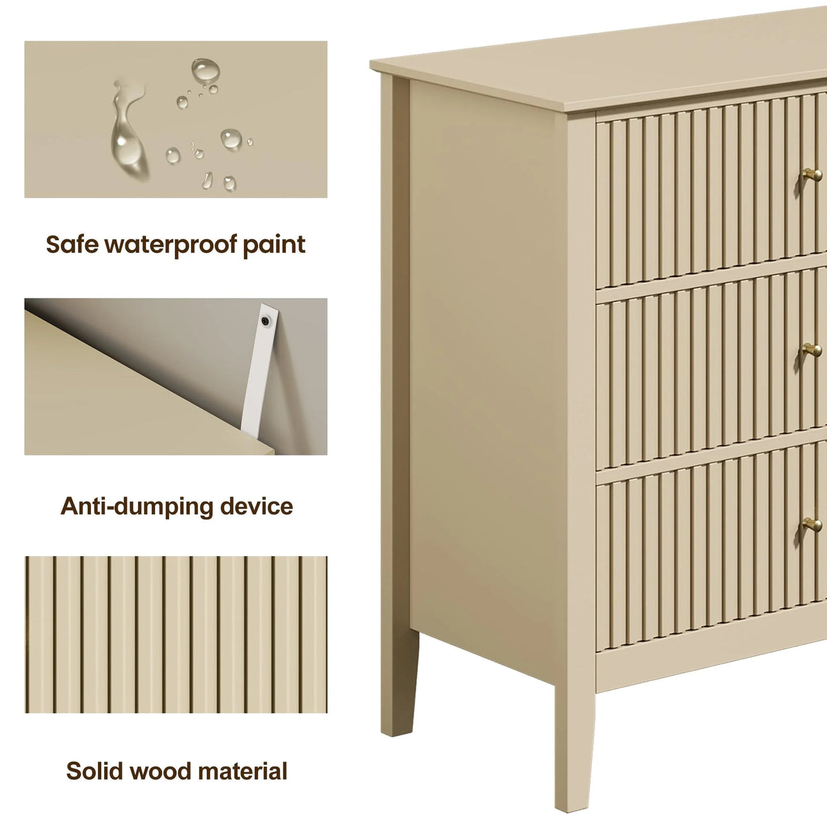 Heynemo Beige 6 Drawer Dresser, Fluted Modern Wood Chest