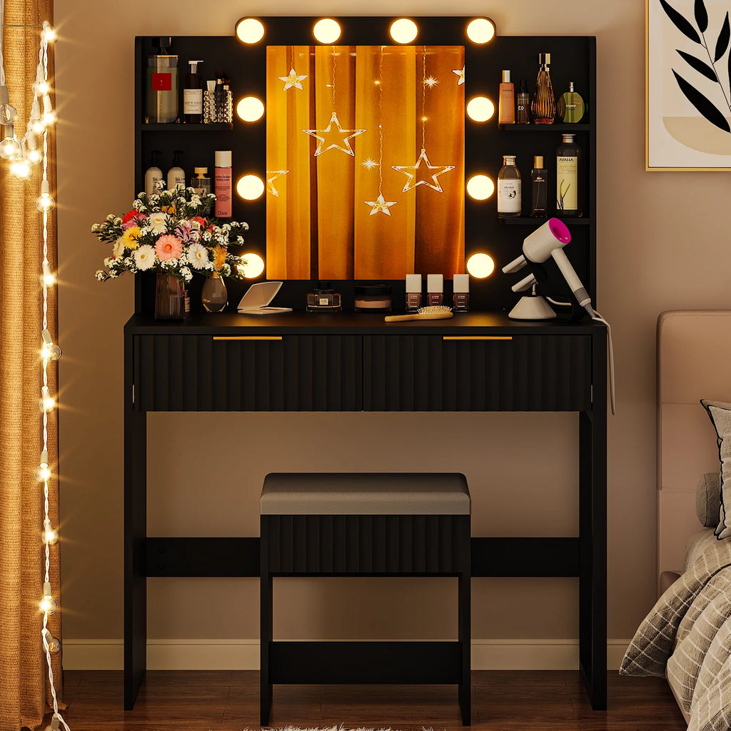 Ktaxon Lighted Makeup Vanity, White Vanity Table Set with 2 Drawer and Charging Station, Femal Gift