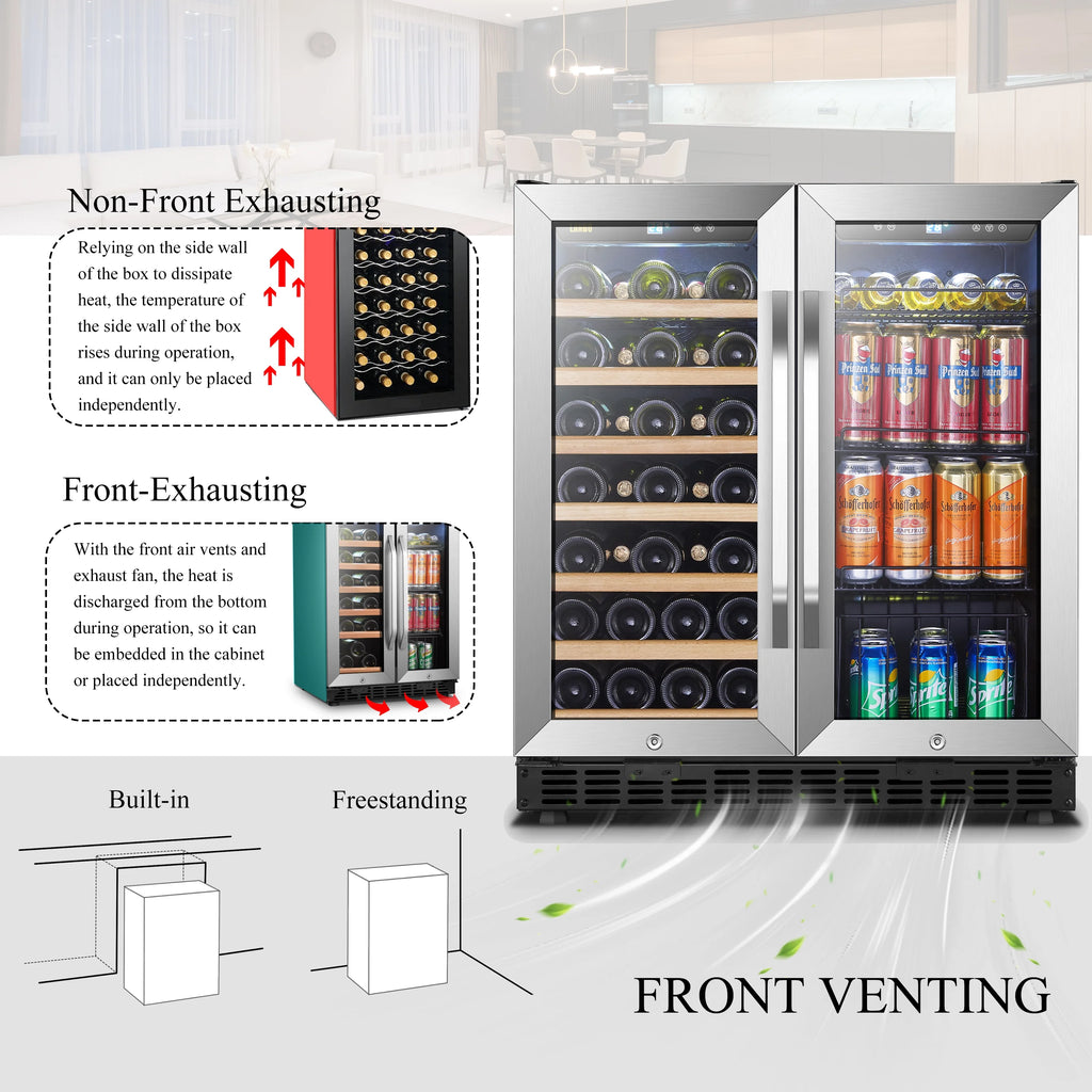 Lanbo 76 Can 31 Bottle Under Counter Dual Zone Wine Refrigerator and Beverage Cooler 30 inch Width
