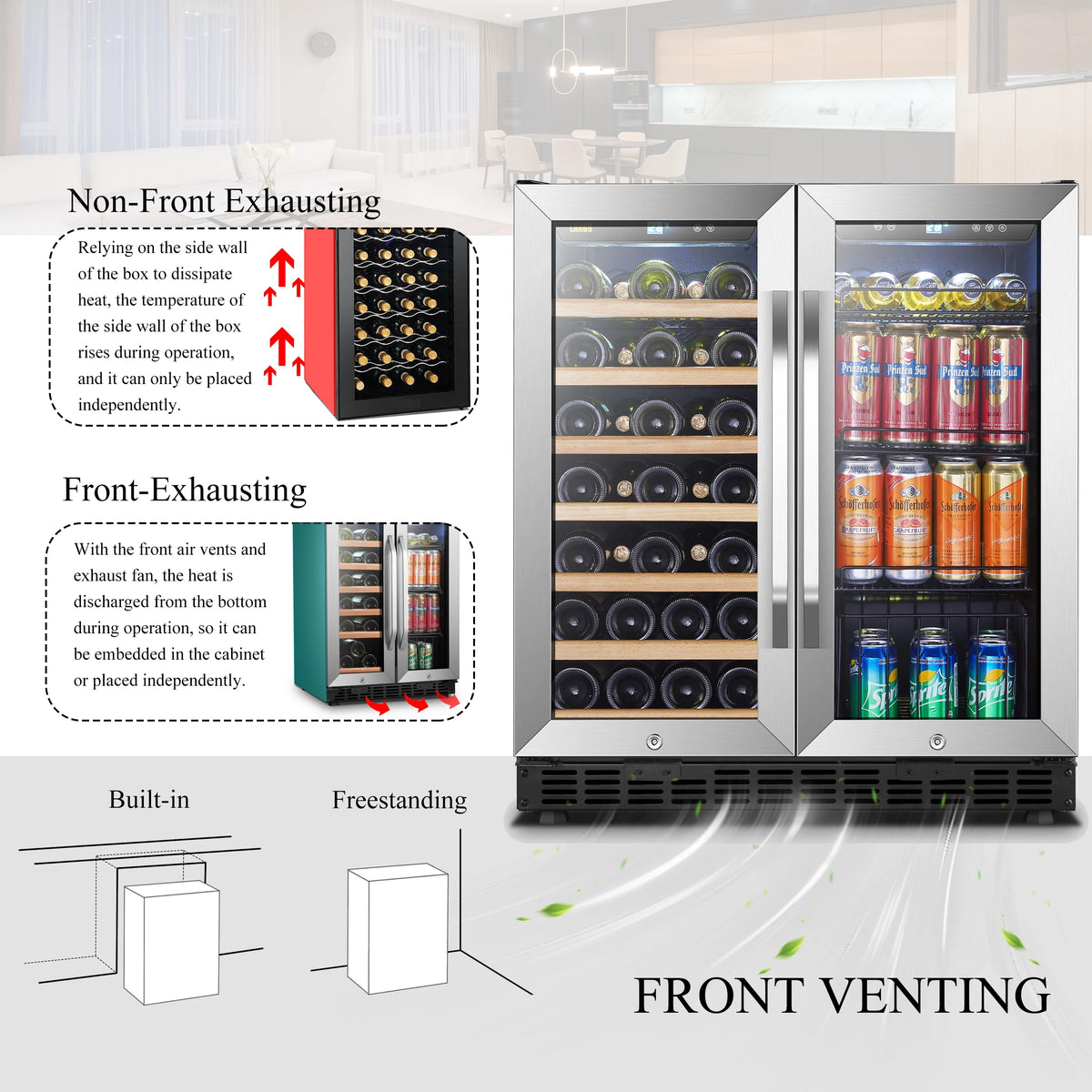 Lanbo 76 Can 31 Bottle Under Counter Dual Zone Wine Refrigerator and Beverage Cooler 30 inch Width