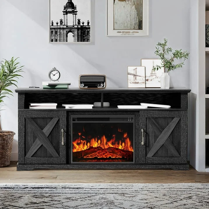 Electric Fireplace TV Stand for TVs up to 75", Farmhouse Entertainment Center with Fireplace, Grey
