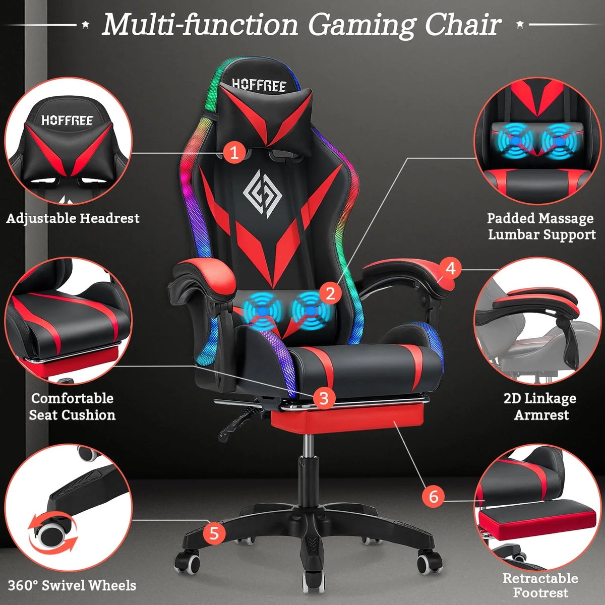 Hoffree Gaming Chair with Bluetooth Speakers Office Chair with Footrest and LED Lights Ergonomic Gaming Chairs High Back with Lumbar Support and Headrest Adjustable Swivel for Home Office 300lb