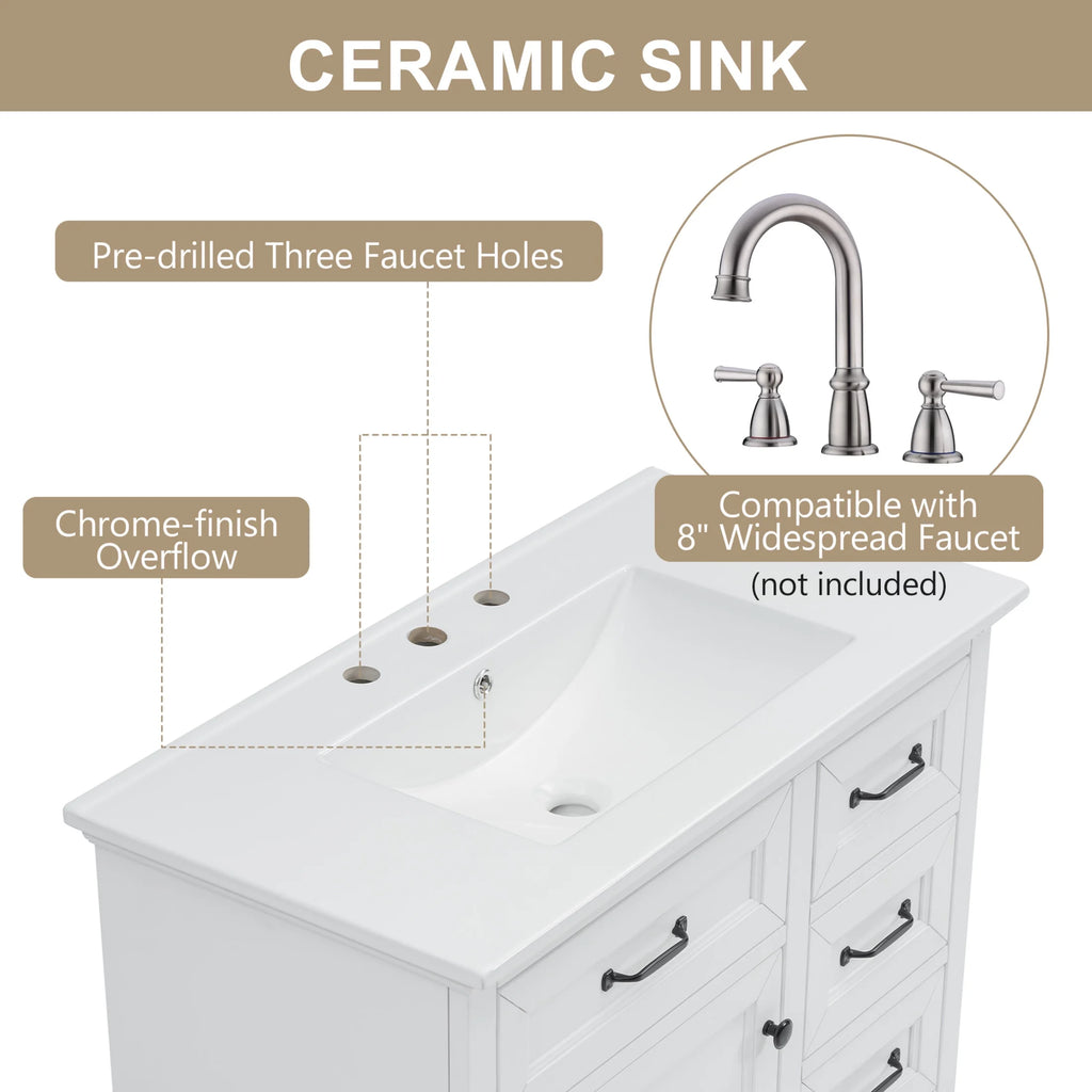 Christopher Knight Home 36" Bathroom Vanity with Sink, Tip-out Drawers, Soft-Close Doors, Grey
