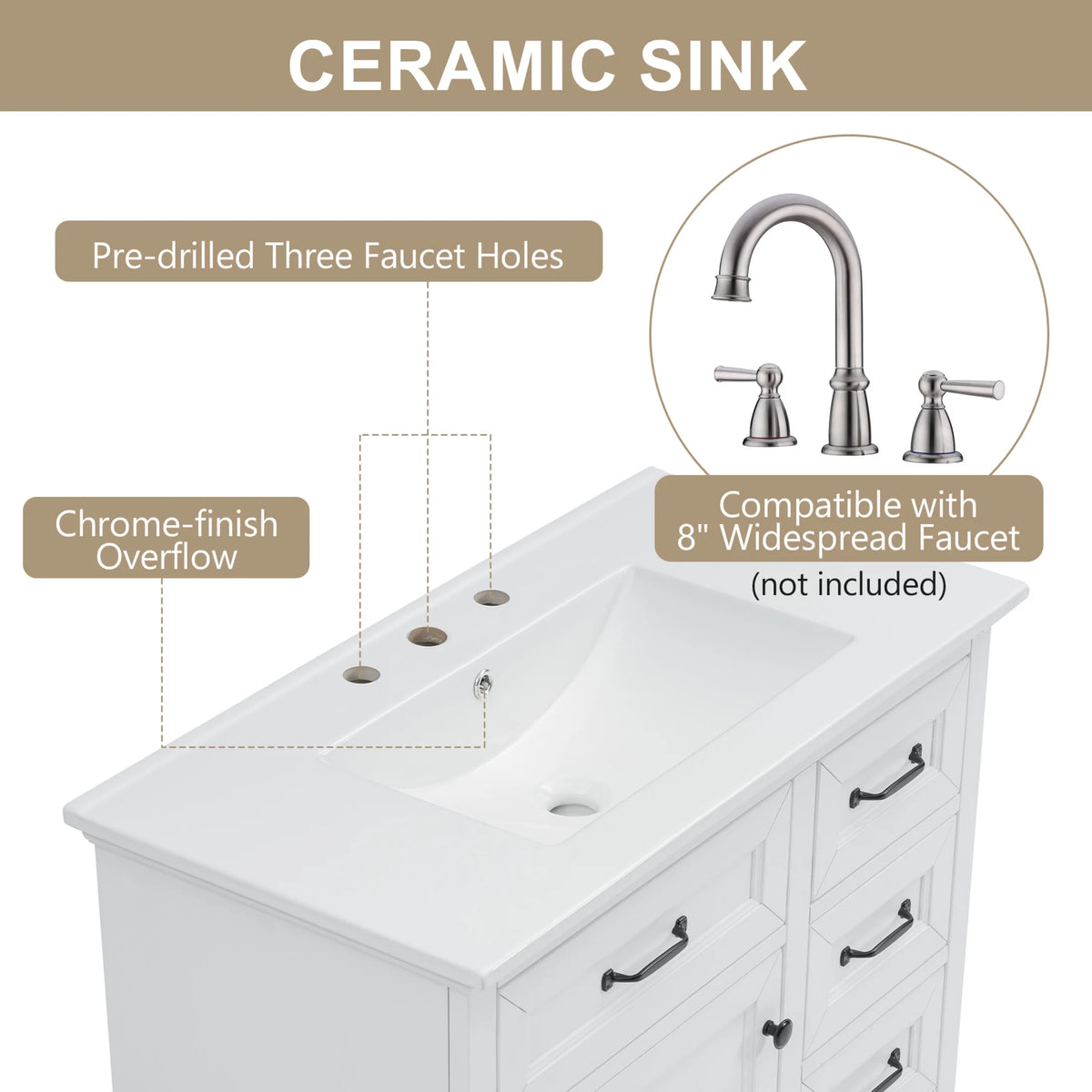 Christopher Knight Home 36" Bathroom Vanity with Sink, Tip-out Drawers, Soft-Close Doors, Grey