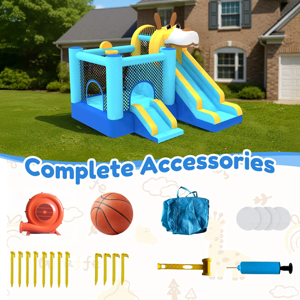 Mukidy 114''x 114'' x 92.5'' Inflatable Bounce Houses for Kids 3-10 with Blower Double Slide and Ball Pit/Indoor Bouncy House, PVC, Child, Teen, Toddler，Blue